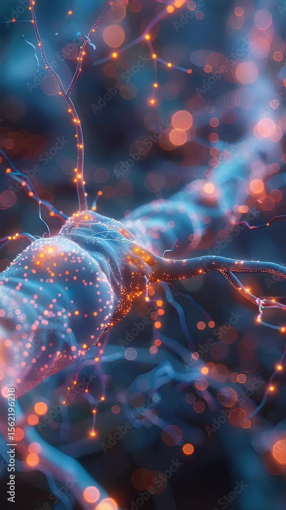 Poster abstract macro view of neuron network structures with glowing orange and blue highlights creating a 