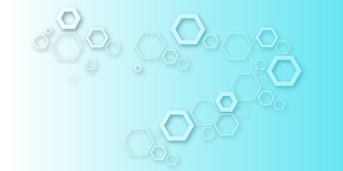 Abstract pastel hexagon pattern on white background with soft blue gradient. Modern geometric design with 3D shadow effect, ideal for tech, medical, or futuristic-themed presentations.
