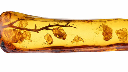 Amber piece with ancient plant inclusions.  A piece of fossilized tree resin, preserving ancient plant and insect life.  Visible are branches and small plant particles trapped within the amber
