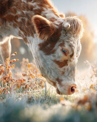 Close-Up of a Brown and White Cow Grazing in a Morning Meadow