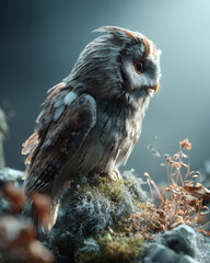 Majestic Owl Perched on Mossy Rock in Soft Light Environment