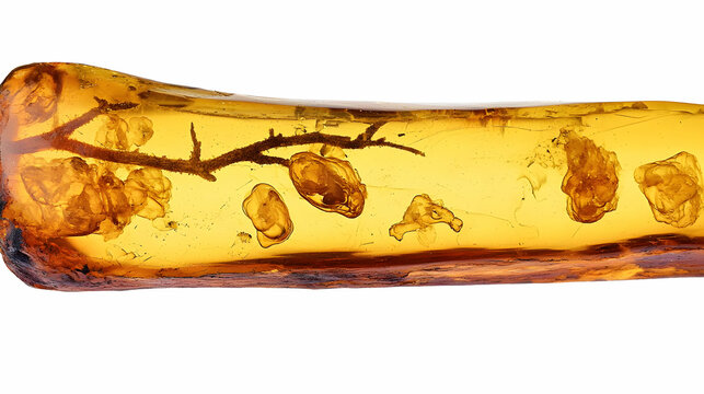 Amber piece with ancient plant inclusions.  A piece of fossilized tree resin, preserving ancient plant and insect life.  Visible are branches and small plant particles trapped within the amber