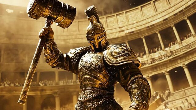 An armored knight brandishes a massive hammer while preparing to confront a towering creature amid an excited crowd in an ancient arena