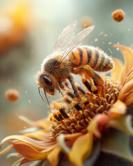 Close-Up of Bee Pollinating Bright Yellow Sunflower Petals