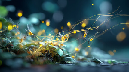 Magical Scene of Glowing Fireflies in Lush Green Nature at Night