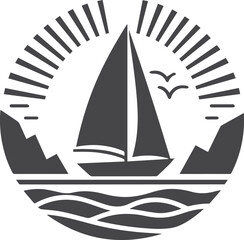  A boat with a sail and birds flying above it silhouette logo design black and white