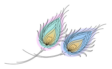 Peacock feather in continuous line drawing style. Decorative elegant design element for card, wedding invitation, bird theme. Indian holiday. Linear vector illustration.