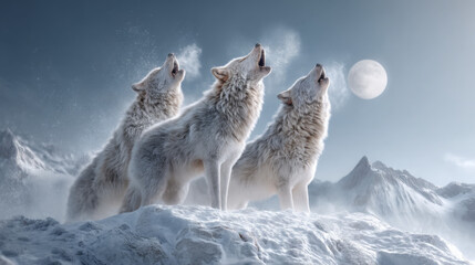 Majestic Wolves Howling Against the Moonlit Winter Landscape