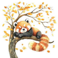 Fototapeta premium Peaceful Red Panda Napping on Autumn Branch