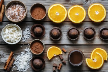 Flat-lay of ingredients for chocolate truffles with oranges