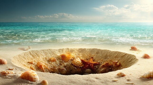 Sandy beach crater filled with seashells and starfish, ocean backdrop