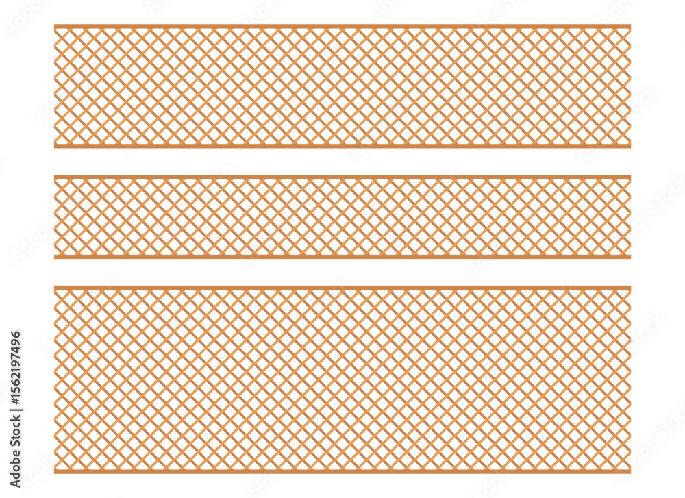 Poster the image shows three sections of wooden trellis with a diamond pattern, set against a plain white b