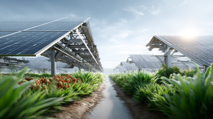 Renewable Energy Farm with Solar Panels and Lush Green Vegetation