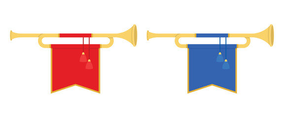 Two golden trumpets adorn red and blue banners, suspended by cords and ending in decorative tassels. Set against a pristine white background, they bring fanfare.