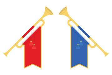 A pair of heraldic trumpets, one with a red banner and the other with a blue banner, arranged symmetrically on a white background, symbolizing announcements.