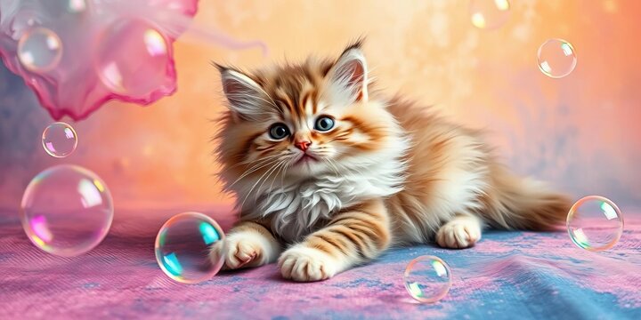 A fluffy cat plays amidst vibrant, translucent bubbles on a textured, painterly background,  happy,   shine
