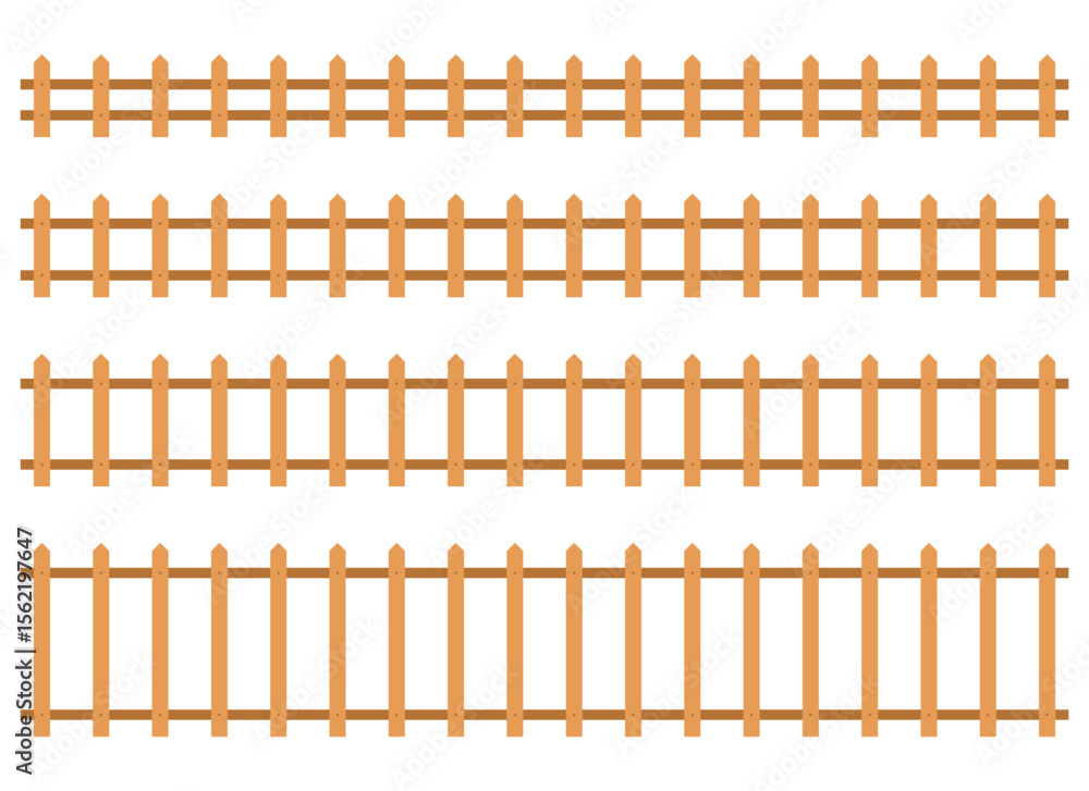 Poster four rows of different wooden fence types are arranged on a white background. the fences are made of