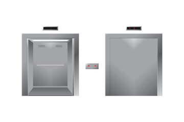 Two elevator doors, one open revealing the interior, the other closed, both with floor number indicators displayed above them on a white background, plus control buttons.