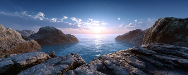 Fototapeta premium Rocky cliffs surround a calm ocean at sunset, with soft clouds and a serene, pastel-colored sky.