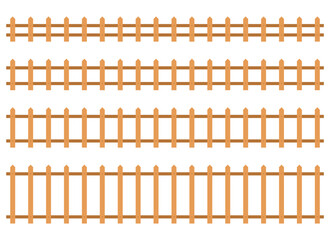 Four rows of different wooden fence types are arranged on a white background. The fences are made of planks and posts, varying in height and spacing.
