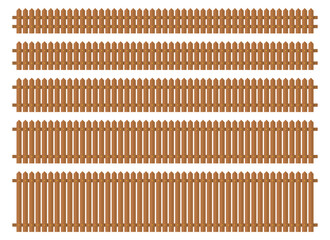 The image displays a collection of wooden fence sections, each slightly different, against a white background. The fences showcase varying heights and picket designs.