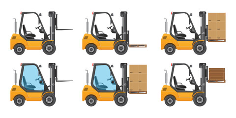 A collection of yellow forklifts in different positions transporting goods, like boxes on pallets and empty forks. Some forklifts have cabins with blue windows. © Creativeclipcloud