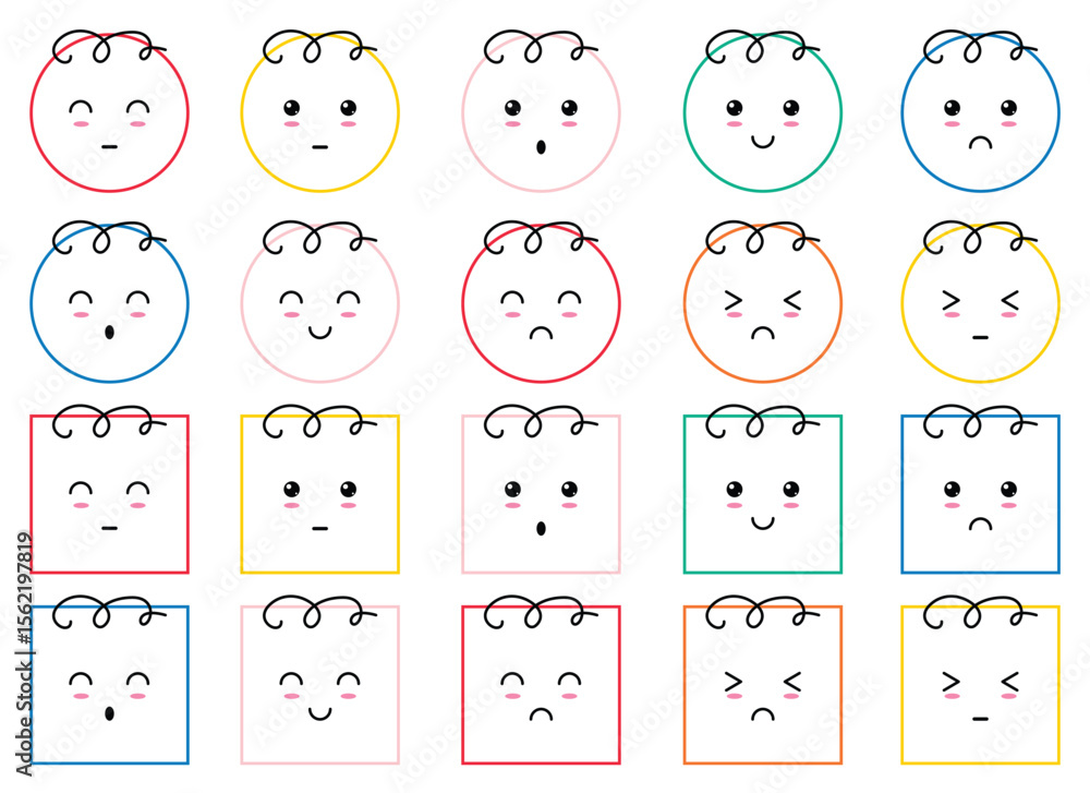 Poster the image displays a grid of colorful kawaii style emoji faces, some circular and some square, expre