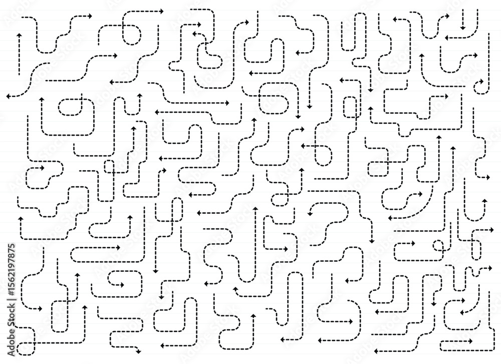 Poster a dense network of black, dotted line arrows wind across a light background. the arrows point in dif