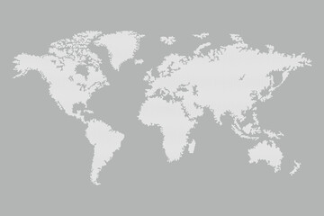 A global map representation is rendered in a geometric style with white shapes that define the continents against a solid gray background in a minimalist design.