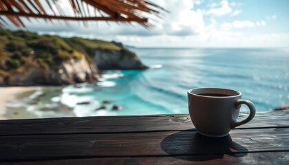 Coffee cup rests on rustic wooden table overlooking a stunning ocean vista, lifestyle, sun