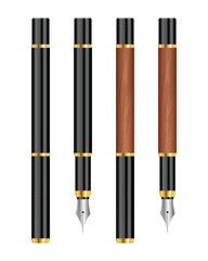 A selection of fountain pens in black and wood finishes, accented with gold bands, showcases classic writing instruments against a pristine white backdrop, enhancing their elegance.