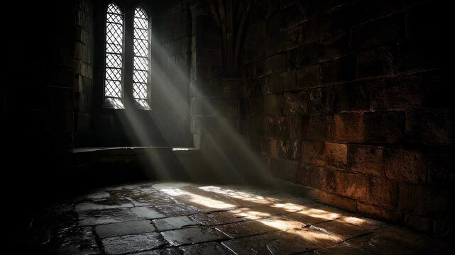 A moody scene of a dimly lit medieval dungeon, with a single ray of sunlight sneaking through a narrow slit window. The light casts eerie, elongated shadows on the cold, stone floor,