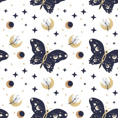 Cosmic butterfly and celestial moon pattern with stars and moons. Bohemian seamless pattern with botanical and magic elements.