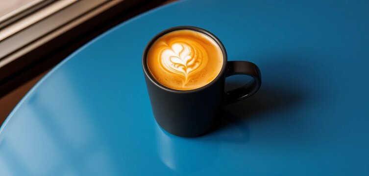 Dark grey mug of steaming coffee on a blue table Hot drink, espresso, coffee shop, top view,  coffee beans,  photography - Powered by Adobe