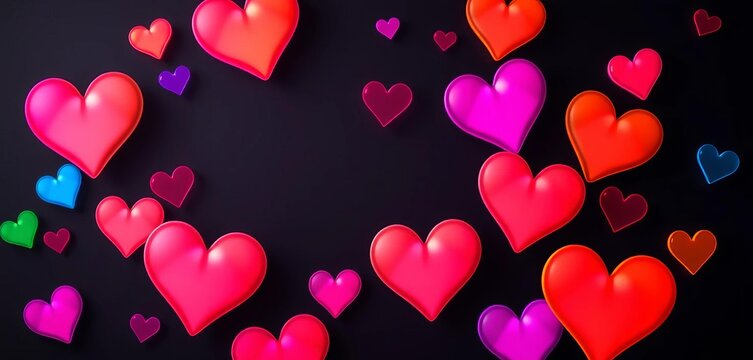 Dark background, vibrant hearts in rainbow hues, playful whimsical style,  romantic,  pattern - Powered by Adobe