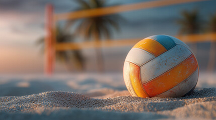 Volleyball on golden beach sand with net background