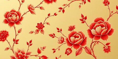 Elegant red & cream vintage floral chinoiserie wallpaper pattern , print, motif