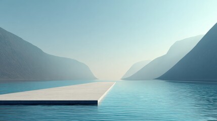 Calm, modern platform stretches into misty mountain-rimmed water