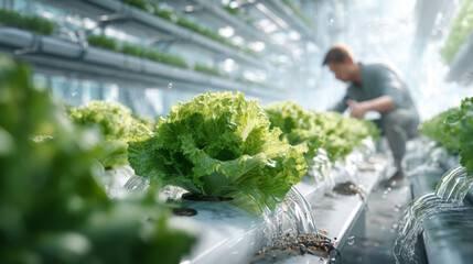 Modern Hydroponic Farming Focus on Fresh Green Lettuce Cultivation