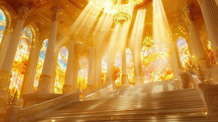 Obraz premium Grand golden palace with radiant light streaming through stained-glass windows.