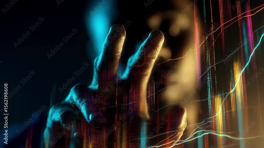 Poster a closeup of a hand reaching out to manipulate a holographic projection of upwardtrending graphs and