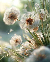 Dreamy Dandelion Seeds Floating in Soft Green Nature Background