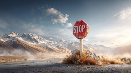 Stop Sign in Scenic Mountain Landscape Under Clear Blue Sky