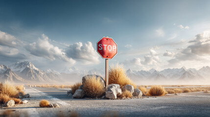 Stop Sign in Desert Landscape with Mountains and Dramatic Sky