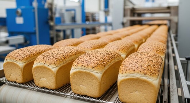 Freshly Baked Loaves of Bread Moving Along a Production Line in a Bakery