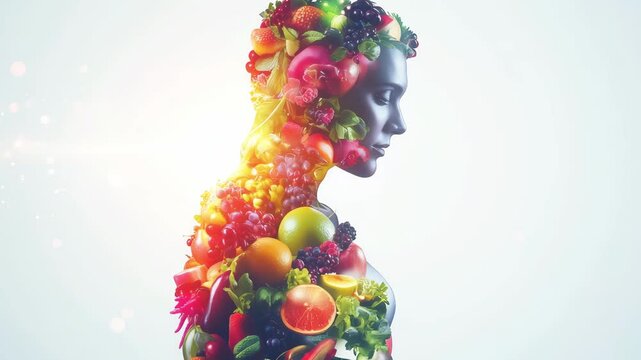 A human silhouette displays a vibrant mix of fruits and vegetables representing the importance of nutrition and healthy living over white backdrop