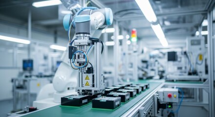 Industrial automation in action: a robotic arm placing parts on a conveyor belt in a clean, high-tech manufacturing facility.