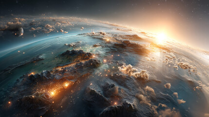 Stunning View of Earth from Space with Sunrise and Cloudscape