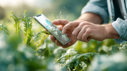 Farmer Using Smartphone in Lush Green Field with Water Droplets