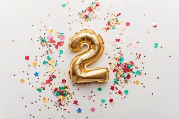 Obraz premium Golden foil balloon number “2” with colorful confetti, isolated, question mark made of colorful splashes